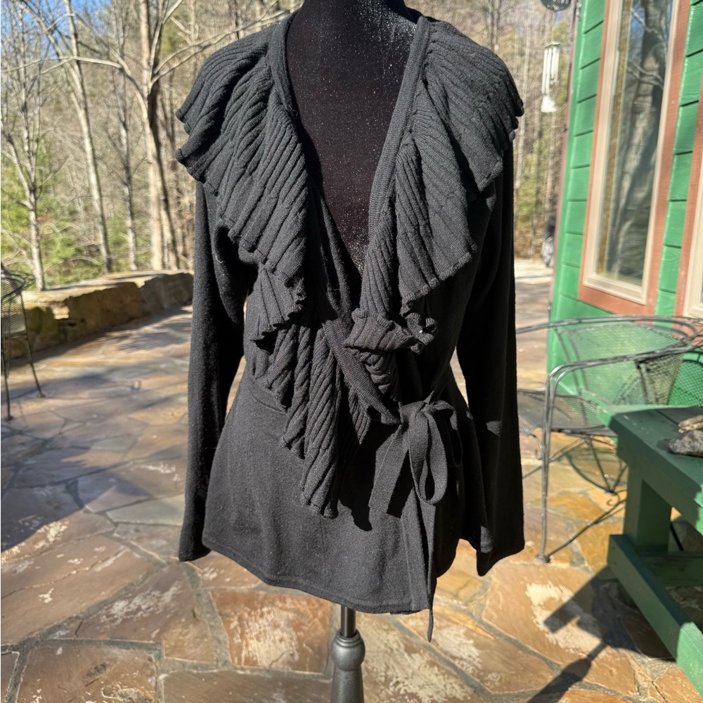 Doncaster Black Ruffled 100% wool cardigan sweater size M
